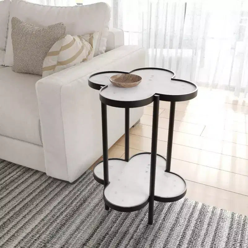 Royal Hampton Side End Table, Genuine Marble Clover Shape Top With Iron Frame