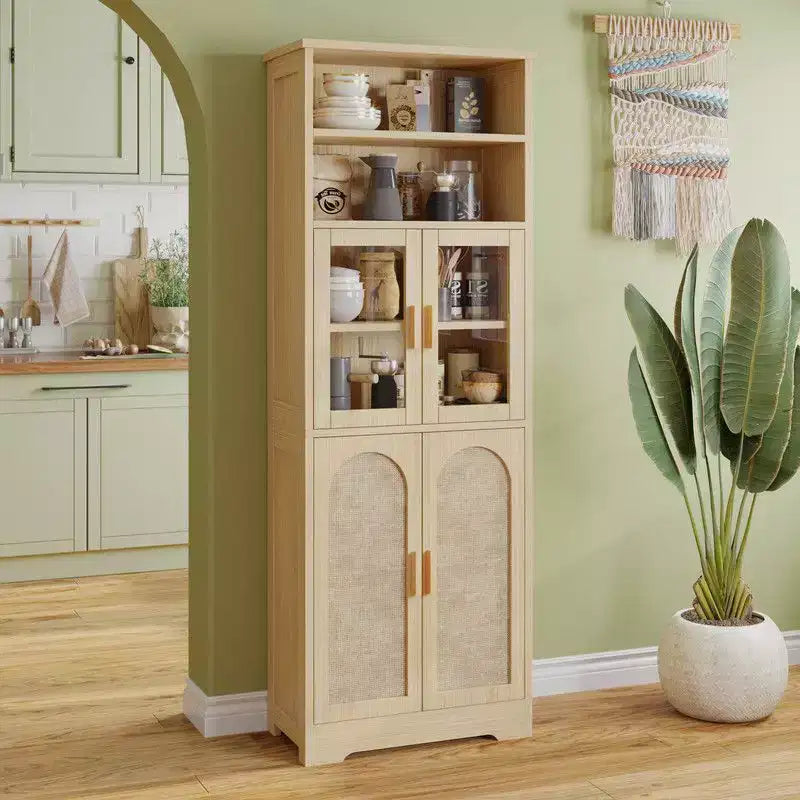 Karl Home 66.9in.H Tan Rattan Display Cabinet Storage Cabinet 4 Doors 6 Tiers
