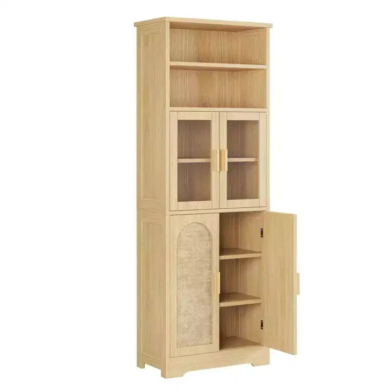Mueble expositor/almacenamiento de ratán color canela de 170 cm de alto, con 4 puertas y 6 niveles