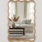 MAYEERTY 24 x 36 Wavy Rectangle Solid Wood Frame Decorative Mirror for Bedroom Bathroom Living Room Natural Wood