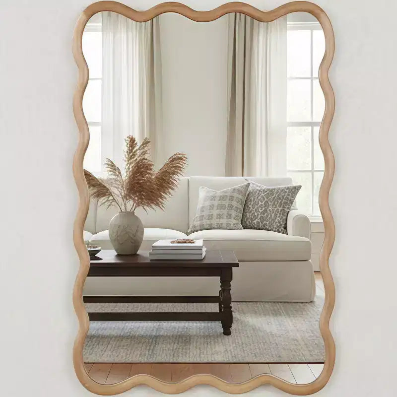 MAYEERTY 24 x 36 Wavy Rectangle Solid Wood Frame Decorative Mirror for Bedroom Bathroom Living Room Natural Wood