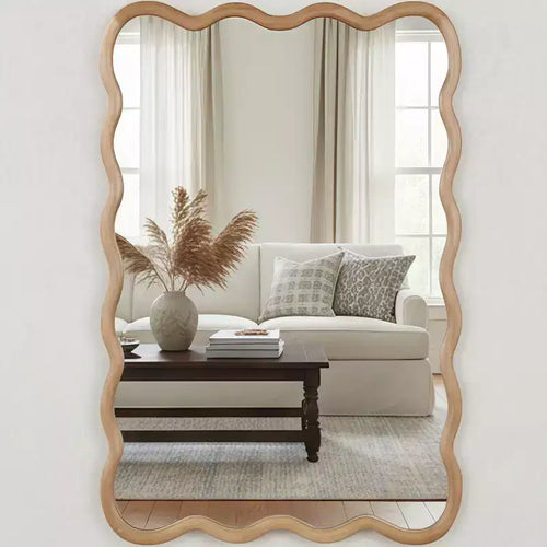 MAYEERTY 24 x 36 Wavy Rectangle Solid Wood Frame Decorative Mirror for Bedroom Bathroom Living Room Natural Wood
