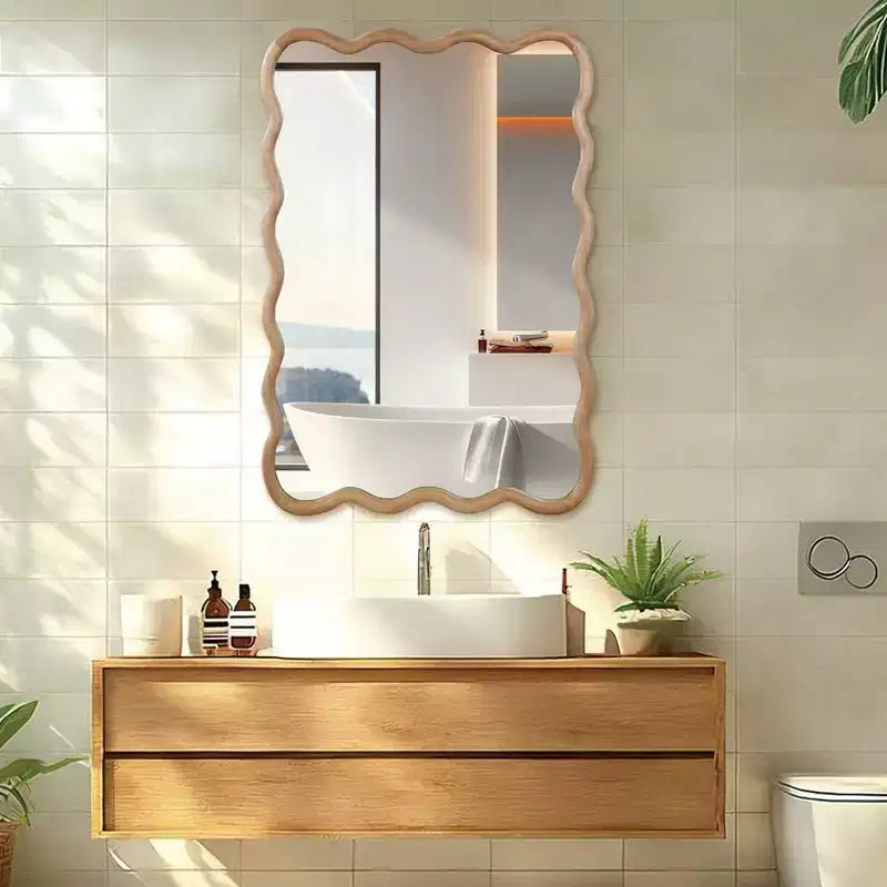 Espejo decorativo de madera maciza con forma de rectángulo ondulado de 24 x 36 para dormitorio, baño, sala de estar, madera natural