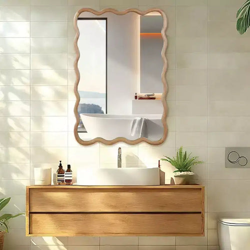 Espejo decorativo de madera maciza con forma de rectángulo ondulado de 24 x 36 para dormitorio, baño, sala de estar, madera natural
