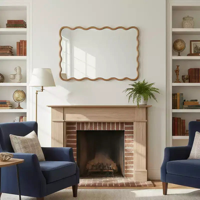 Espejo decorativo de madera maciza con forma de rectángulo ondulado de 24 x 36 para dormitorio, baño, sala de estar, madera natural