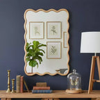 Espejo decorativo de madera maciza con forma de rectángulo ondulado de 24 x 36 para dormitorio, baño, sala de estar, madera natural
