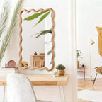 Espejo decorativo de madera maciza con forma de rectángulo ondulado de 24 x 36 para dormitorio, baño, sala de estar, madera natural