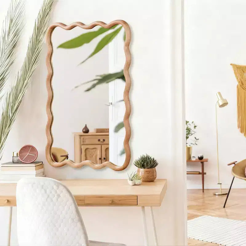 Espejo decorativo de madera maciza con forma de rectángulo ondulado de 24 x 36 para dormitorio, baño, sala de estar, madera natural