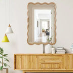 Espejo decorativo de madera maciza con forma de rectángulo ondulado de 24 x 36 para dormitorio, baño, sala de estar, madera natural