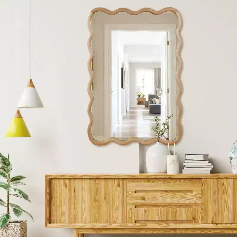 Espejo decorativo de madera maciza con forma de rectángulo ondulado de 24 x 36 para dormitorio, baño, sala de estar, madera natural