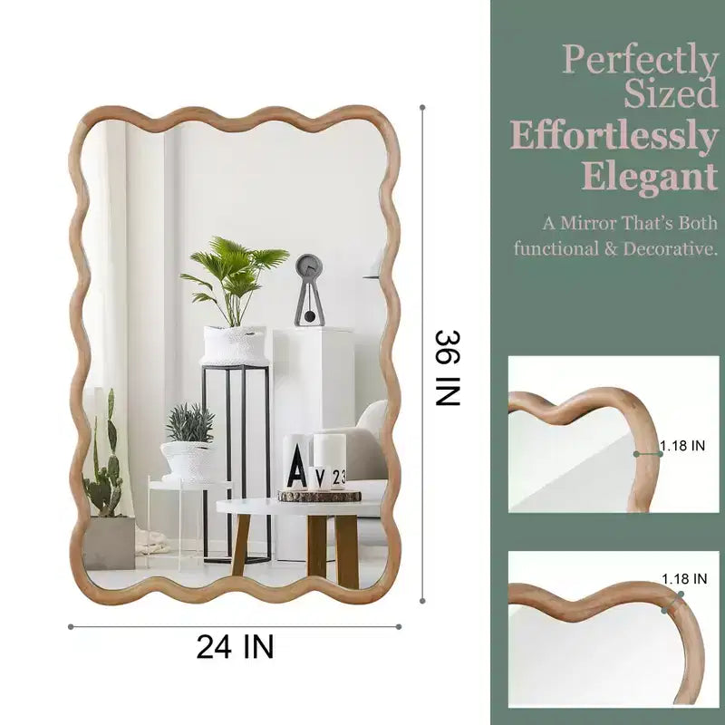 Espejo decorativo de madera maciza con forma de rectángulo ondulado de 24 x 36 para dormitorio, baño, sala de estar, madera natural