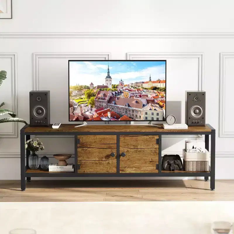 Garvee 65 TV Stand, Rustic TV Stand with 2 Enclosed Storage Spaces and Open Compartment, Wooden TV Stand Table with Adjustable Legs