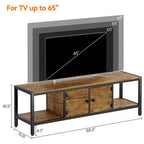 Mueble de TV de 65 pulgadas, mueble de TV rústico con 2 espacios de almacenamiento cerrados y compartimento abierto, mesa de mueble de TV de madera con patas ajustables
