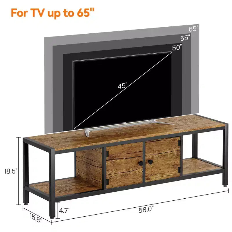 Mueble de TV de 65 pulgadas, mueble de TV rústico con 2 espacios de almacenamiento cerrados y compartimento abierto, mesa de mueble de TV de madera con patas ajustables