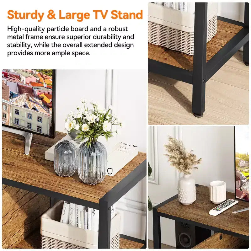 Mueble de TV de 65 pulgadas, mueble de TV rústico con 2 espacios de almacenamiento cerrados y compartimento abierto, mesa de mueble de TV de madera con patas ajustables
