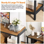 Mueble de TV de 65 pulgadas, mueble de TV rústico con 2 espacios de almacenamiento cerrados y compartimento abierto, mesa de mueble de TV de madera con patas ajustables
