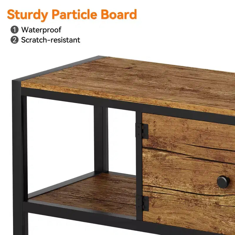 Mueble de TV de 65 pulgadas, mueble de TV rústico con 2 espacios de almacenamiento cerrados y compartimento abierto, mesa de mueble de TV de madera con patas ajustables