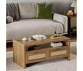Brown Mid-Century 2-Drawer Rattan Coffee Table | 40 Rectangular Table with Thick Wood Top | Living Room Cocktail Table with Open Shelf