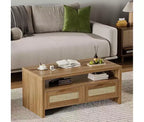 Brown Mid-Century 2-Drawer Rattan Coffee Table | 40 Rectangular Table with Thick Wood Top | Living Room Cocktail Table with Open Shelf