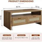 Mesa de centro rectangular de ratán de mediados de siglo con 2 cajones, marrón | Mesa rectangular de 101,6 cm con parte superior de madera gruesa | Mesa de cóctel para sala de estar con estante abierto