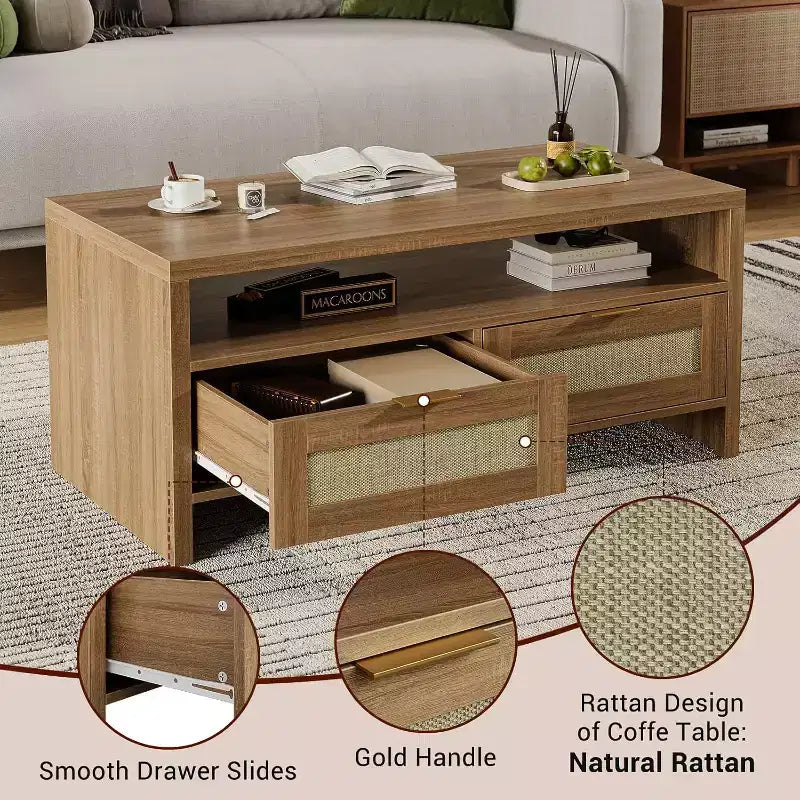 Mesa de centro rectangular de ratán de mediados de siglo con 2 cajones, marrón | Mesa rectangular de 101,6 cm con parte superior de madera gruesa | Mesa de cóctel para sala de estar con estante abierto