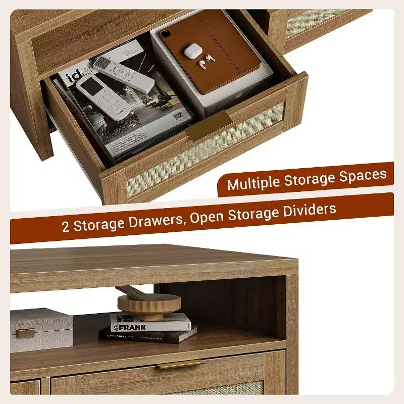 Mesa de centro rectangular de ratán de mediados de siglo con 2 cajones, marrón | Mesa rectangular de 101,6 cm con parte superior de madera gruesa | Mesa de cóctel para sala de estar con estante abierto