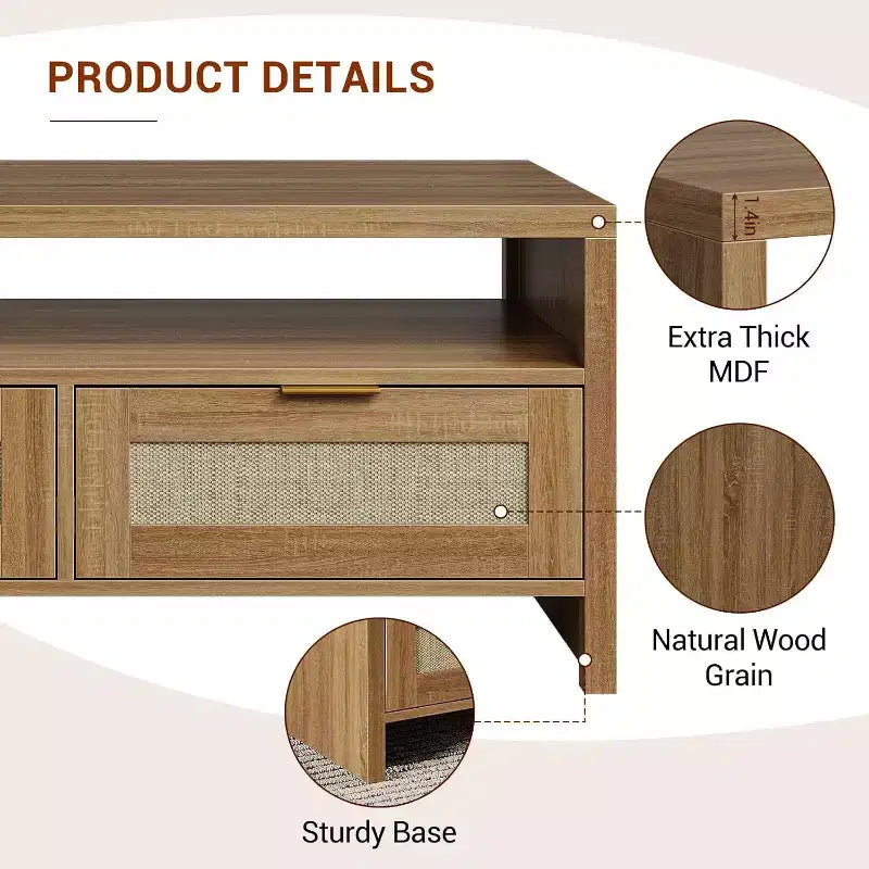 Mesa de centro rectangular de ratán de mediados de siglo con 2 cajones, marrón | Mesa rectangular de 101,6 cm con parte superior de madera gruesa | Mesa de cóctel para sala de estar con estante abierto
