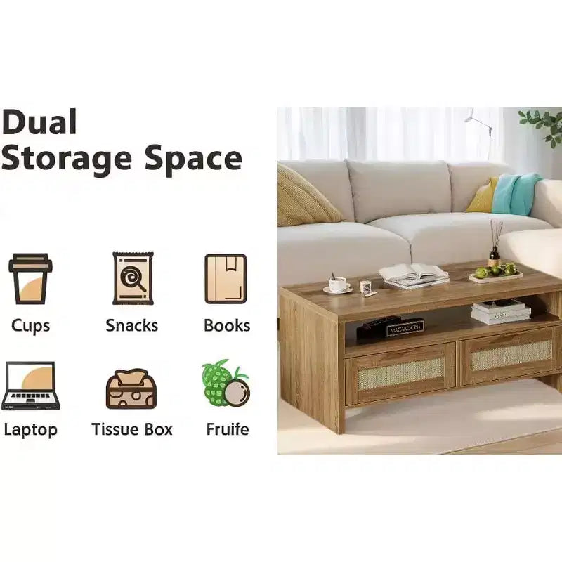 Mesa de centro rectangular de ratán de mediados de siglo con 2 cajones, marrón | Mesa rectangular de 101,6 cm con parte superior de madera gruesa | Mesa de cóctel para sala de estar con estante abierto