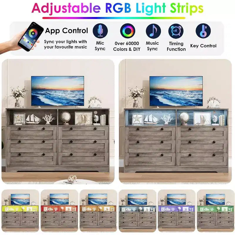 Cómoda moderna y ancha de 6 cajones con toma de corriente y luces LED para sala de estar, pasillo