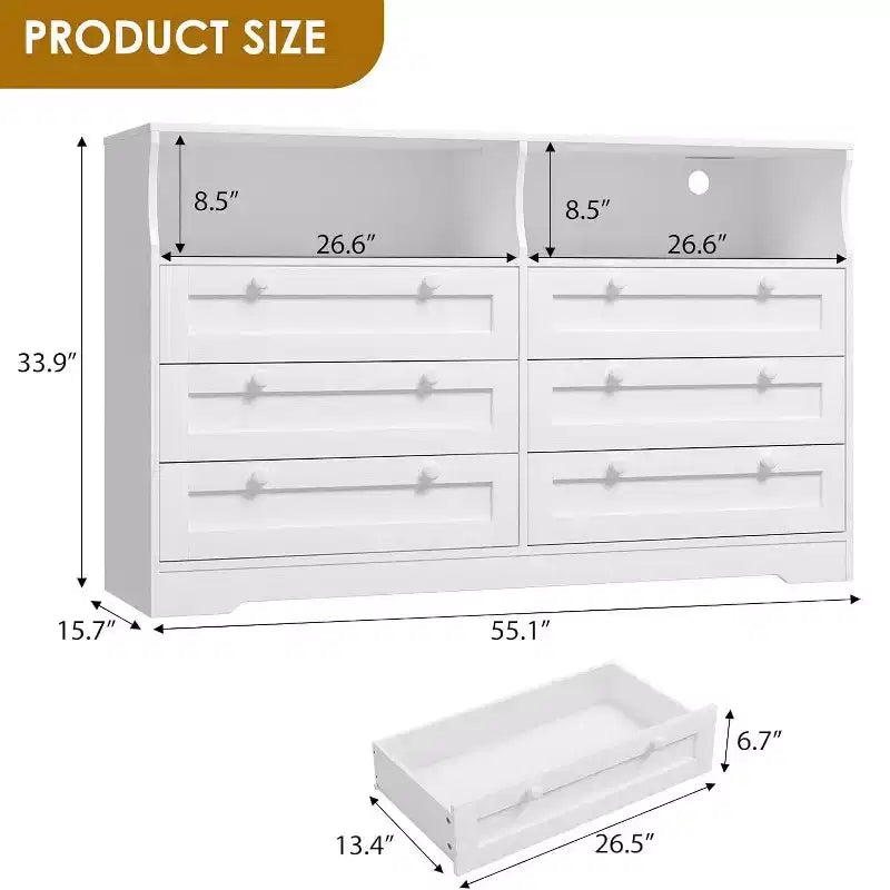 Cómoda moderna y ancha de 6 cajones con toma de corriente y luces LED para sala de estar, pasillo