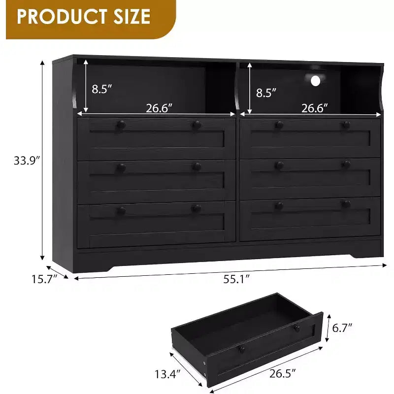 Cómoda moderna y ancha de 6 cajones con toma de corriente y luces LED para sala de estar, pasillo