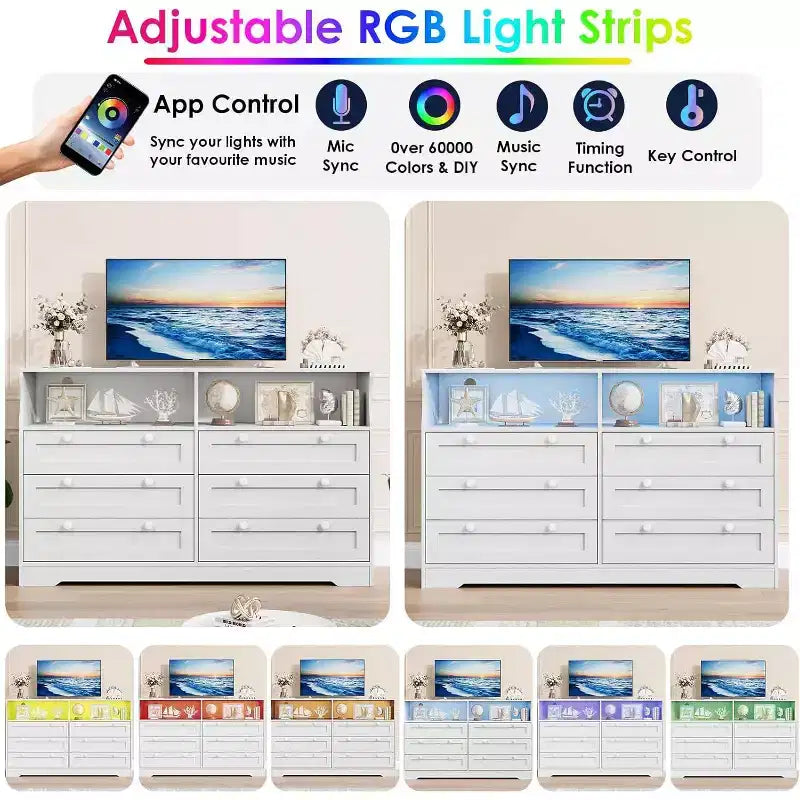 Cómoda moderna y ancha de 6 cajones con toma de corriente y luces LED para sala de estar, pasillo