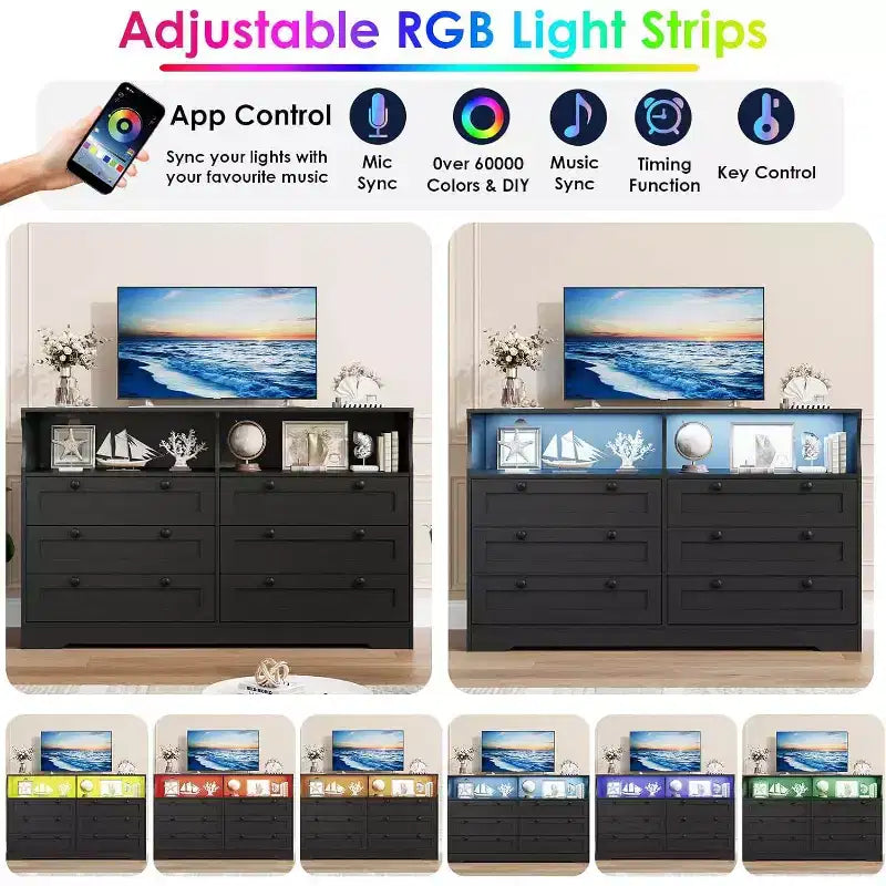 Cómoda moderna y ancha de 6 cajones con toma de corriente y luces LED para sala de estar, pasillo