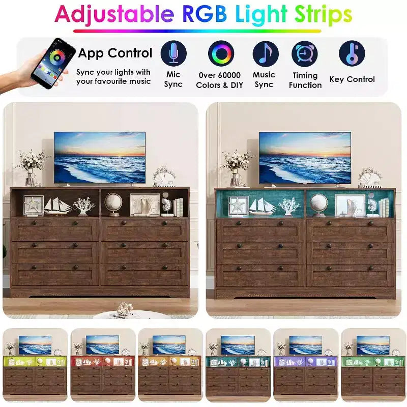 Cómoda moderna y ancha de 6 cajones con toma de corriente y luces LED para sala de estar, pasillo