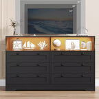Zstar Modern Wide 6 Drawers Dressers with Power Outlet and Led Lights for Living Room, Hallway
