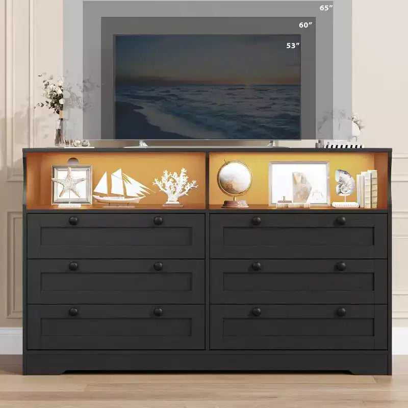 Zstar Modern Wide 6 Drawers Dressers with Power Outlet and Led Lights for Living Room, Hallway