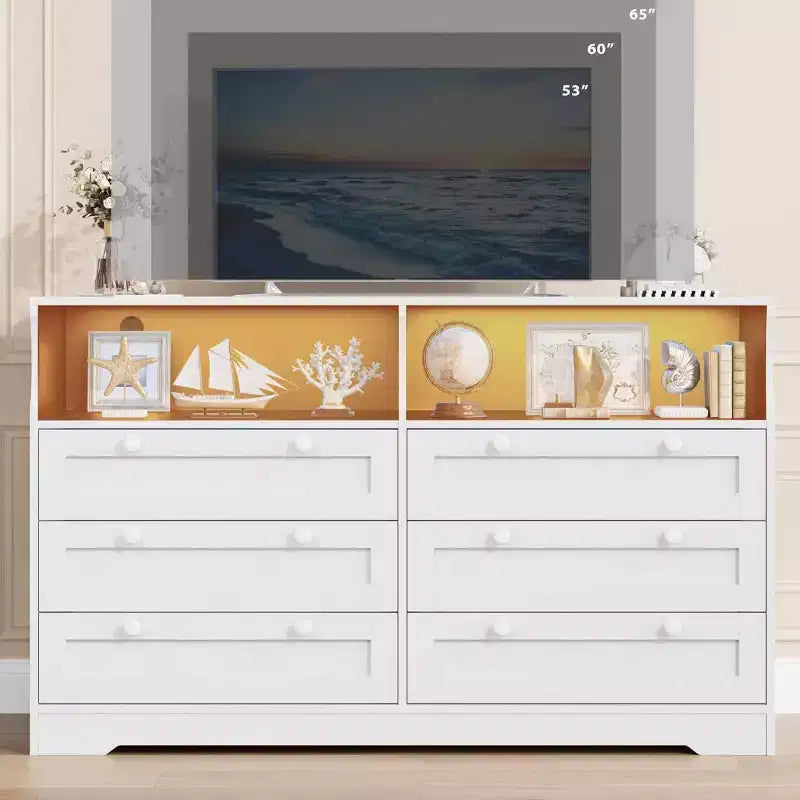 Cómoda moderna y ancha de 6 cajones con toma de corriente y luces LED para sala de estar, pasillo