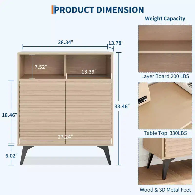 Mueble bajo estriado - Aparador con patas de metal y estantes para sala de estar y recibidor