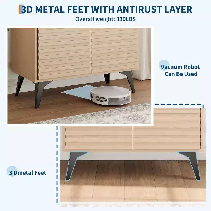 Mueble bajo estriado - Aparador con patas de metal y estantes para sala de estar y recibidor