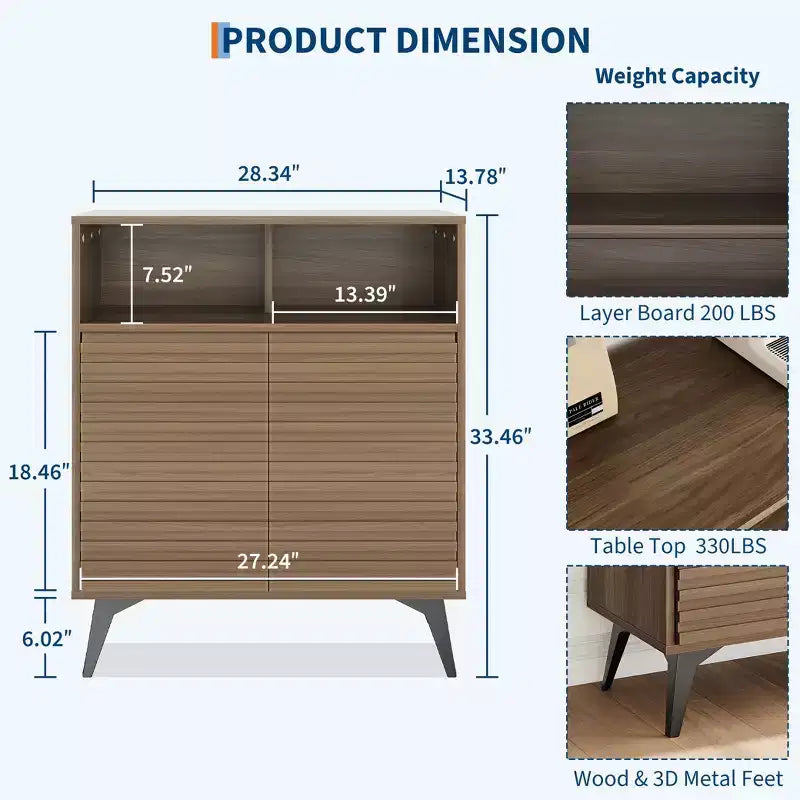Mueble bajo estriado - Aparador con patas de metal y estantes para sala de estar y recibidor
