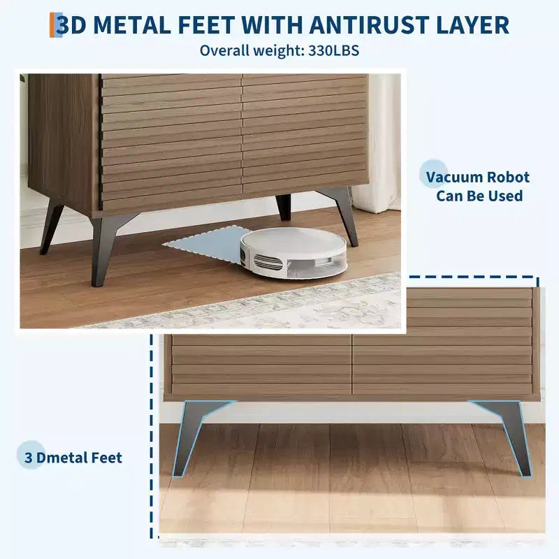 Mueble bajo estriado - Aparador con patas de metal y estantes para sala de estar y recibidor