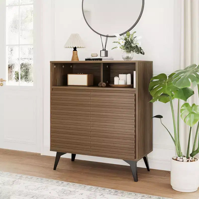 Fluted Storage Cabinet - Metal Leg Credenza with Shelves for Living Room & Entryway
