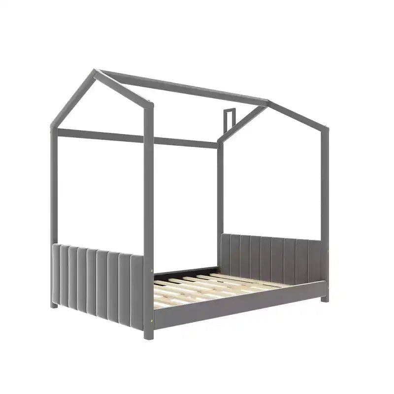 Cama de terciopelo tamaño matrimonial de madera color gris