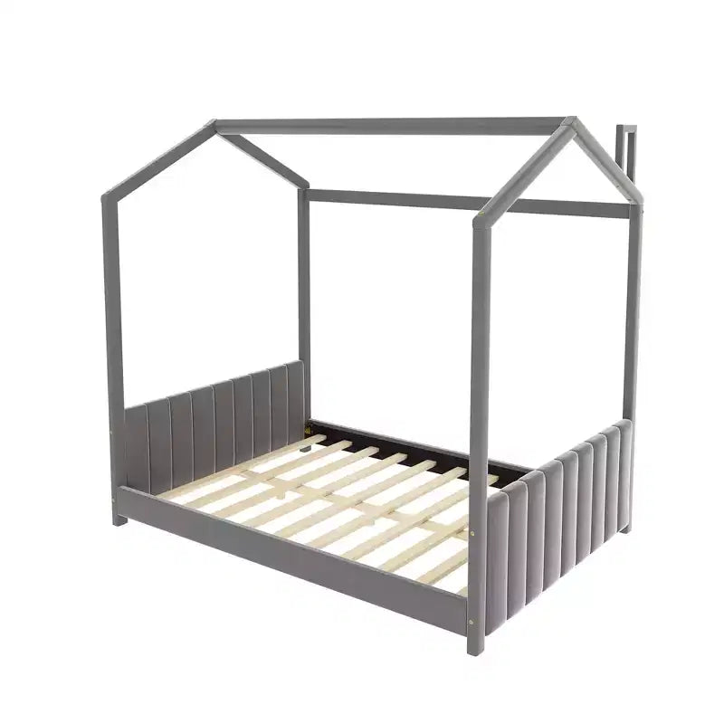 Cama de terciopelo tamaño matrimonial de madera color gris