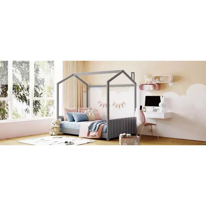 Cama de terciopelo tamaño matrimonial de madera color gris