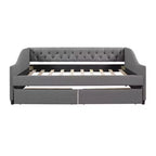 Sofá cama tapizado con dos cajones, soporte de listones de madera, tamaño matrimonial beige