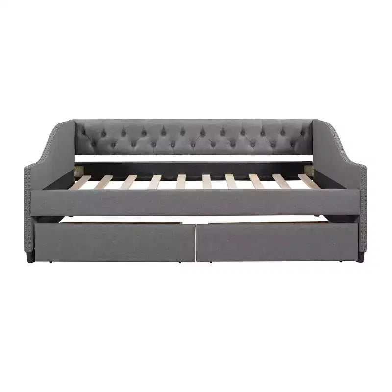 Sofá cama tapizado con dos cajones, soporte de listones de madera, tamaño matrimonial beige