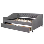 Sofá cama tapizado con dos cajones, soporte de listones de madera, tamaño matrimonial beige