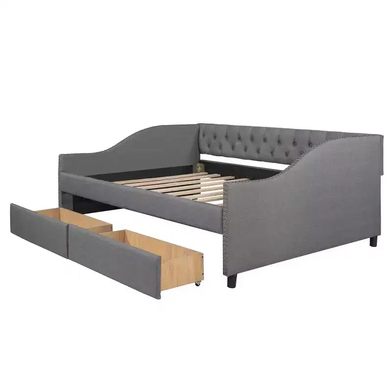 Sofá cama tapizado con dos cajones, soporte de listones de madera, tamaño matrimonial beige