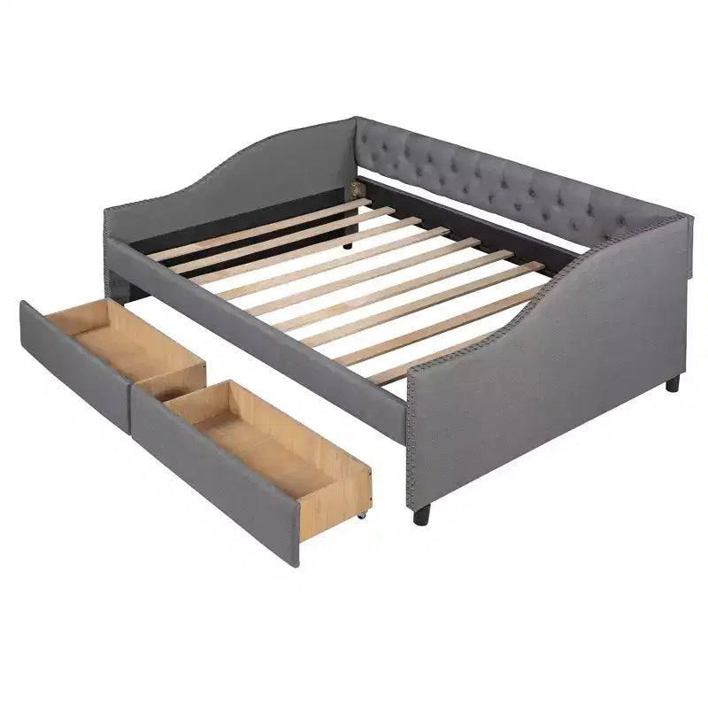 Sofá cama tapizado con dos cajones, soporte de listones de madera, tamaño matrimonial beige